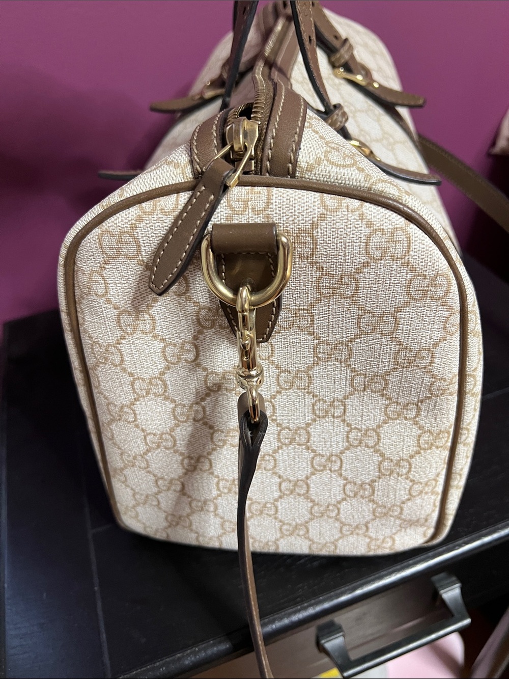 Rare !! Gucci Beige GG supreme canvas boston bag with Brown Leather Trim - Picture 11 of 16